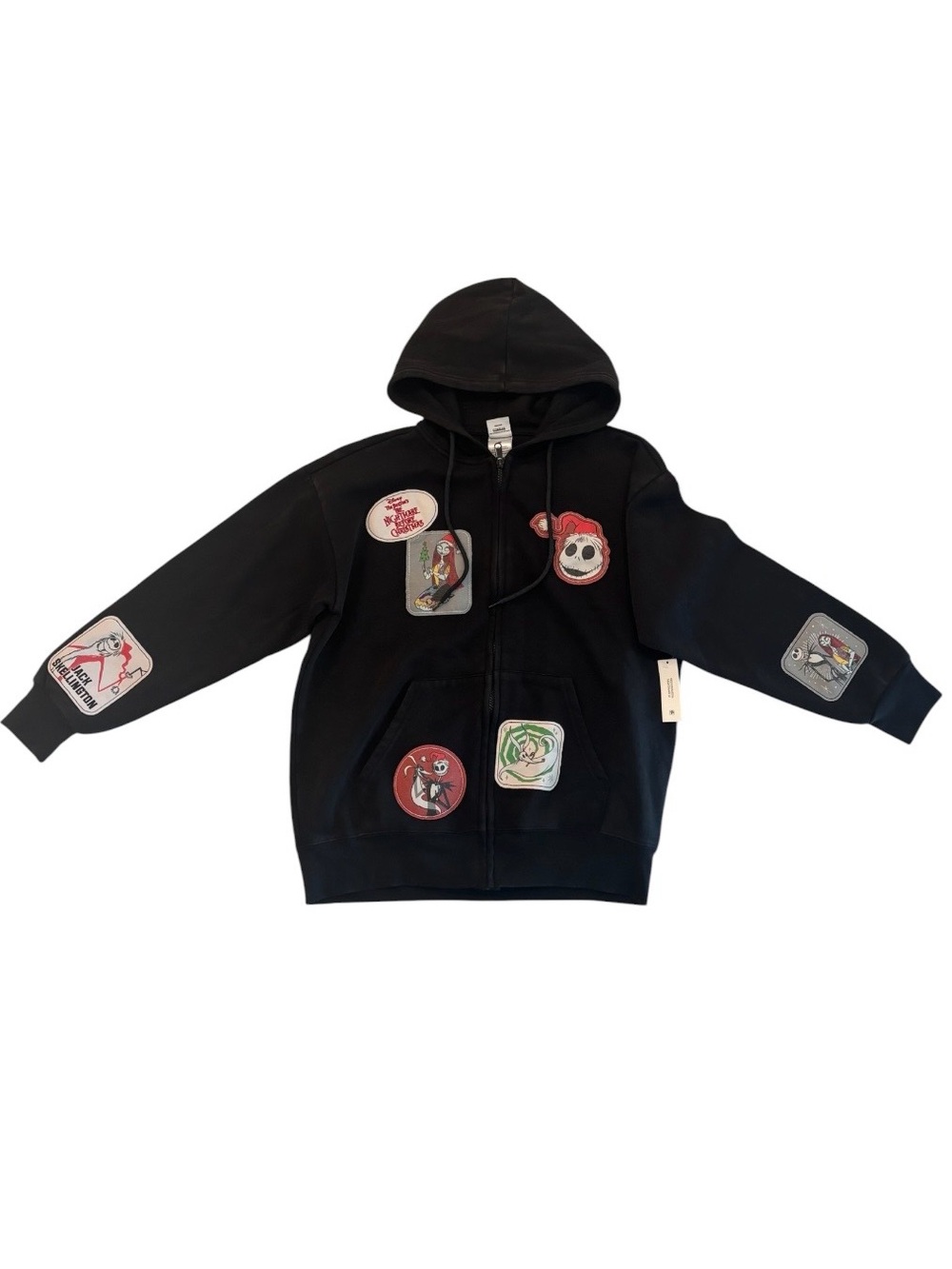 NWT Women’s A Night Before Christmas Black Graphic Patch Zip-Up Hoodie Sz Medium